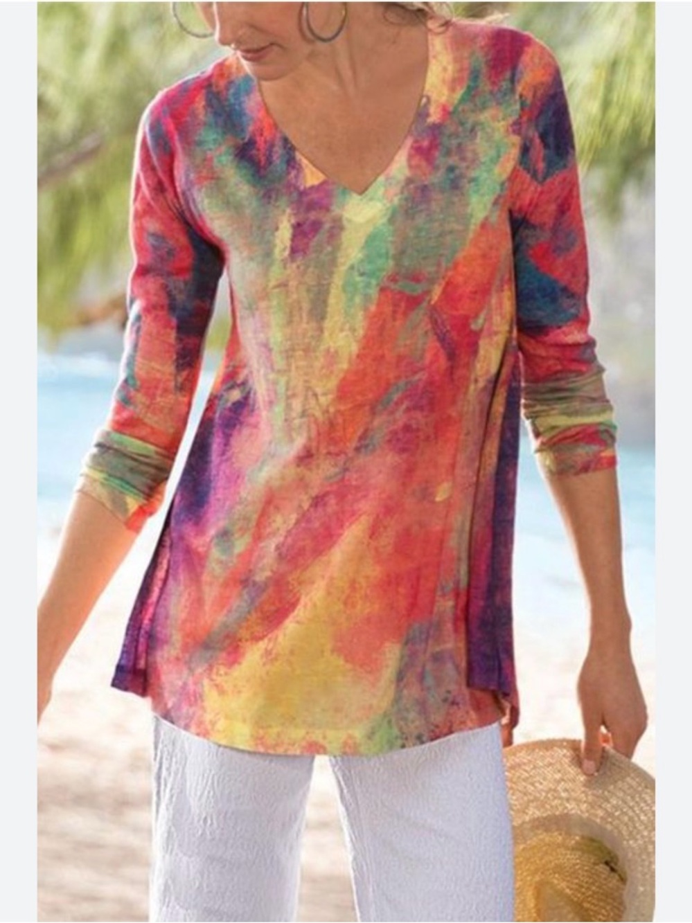 Soft Surroundings  V-Neck Lightweight Summer Sweater Top Long Sleeve Size L